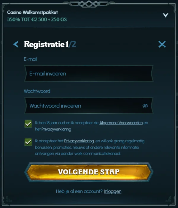 Royalen Casino registratieformulier met welkomstbonus en accountaanmaak