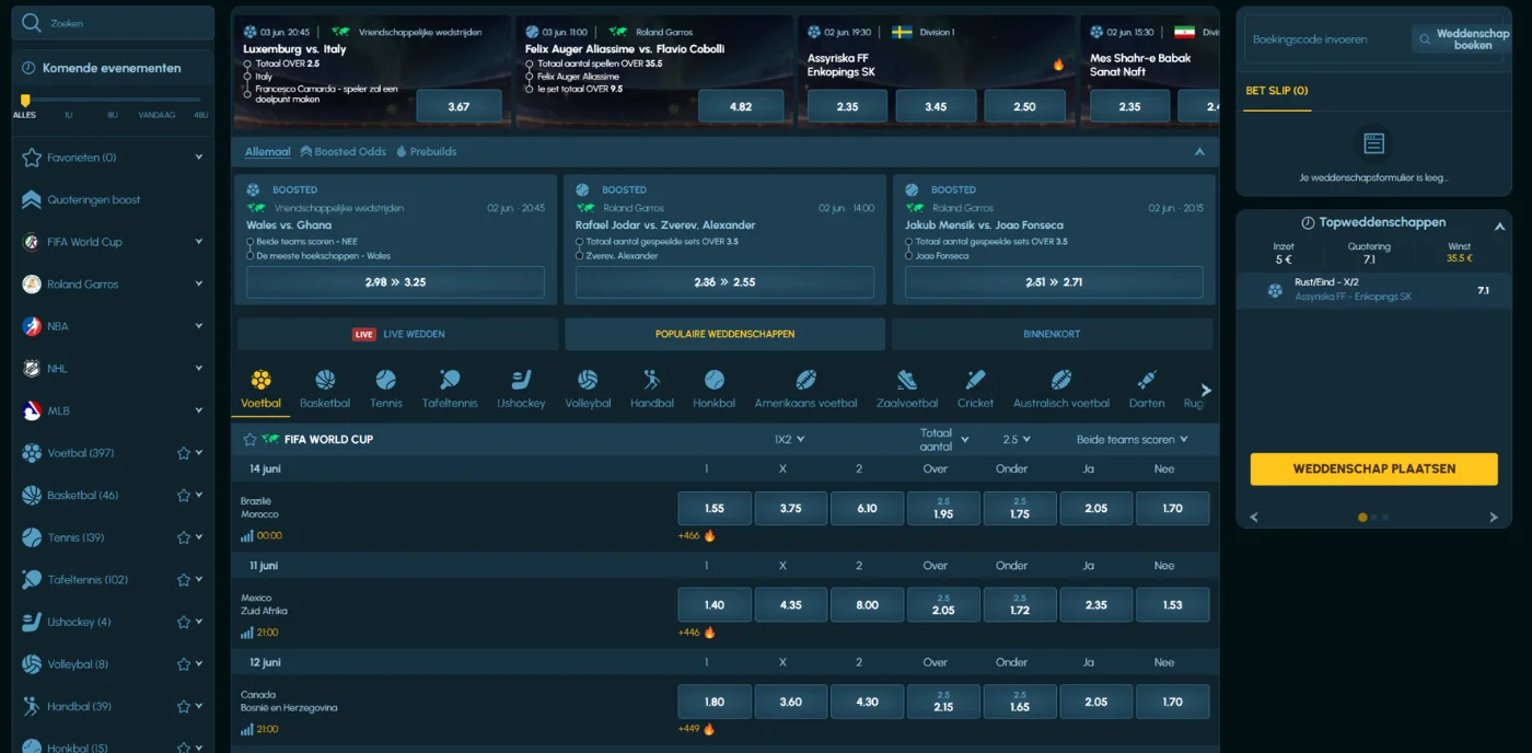 Royalen Casino sportweddenschappen platform met live odds en wedmarkt overzicht